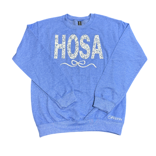 HOSA Applique Blue Floral & White Ribbon Crewneck